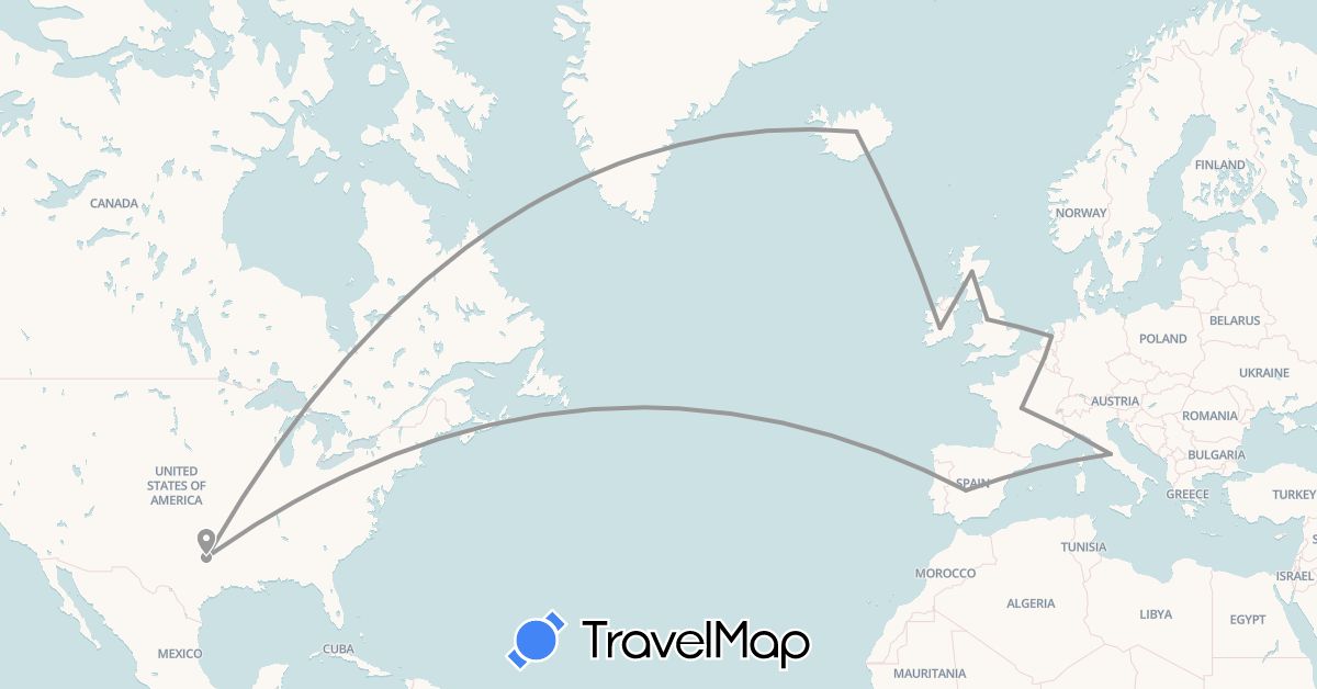 TravelMap itinerary: driving, plane in Belgium, Spain, France, United Kingdom, Ireland, Iceland, Italy, Netherlands, United States (Europe, North America)